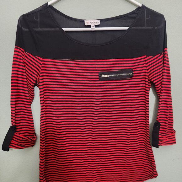 Guess Women Red Black Stripes With Sheer Top Combination Size S - Picture 1 of 6